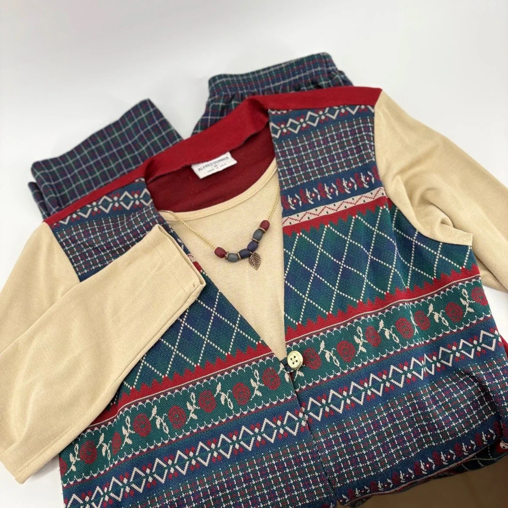 Alfred‎ Dunner Women's 2 Piece Outfit Vest Sweater Pants Plaid Blue Red M 12 USA